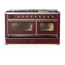 ILVE Majestic III 60-inch Dual Fuel Range with 7 Natural Gas Burner, Griddle and Triple Glass Door Electric Oven in Burgundy with Copper Trim (UM60FNR3BUP)