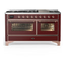 ILVE Majestic III 60-inch Dual Fuel Range with 7 Natural Gas Burner, Griddle and Triple Glass Door Electric Oven in Burgundy with Copper Trim (UM60FNR3BUP)