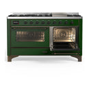 ILVE Majestic III 60-inch Dual Fuel Range with 7 Natural Gas Burner, Griddle and Triple Glass Door Electric Oven in Emerald Green with Burnished Trim (UM60FNR3EGB)