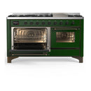 ILVE Majestic III 60-inch Dual Fuel Range with 7 Natural Gas Burner, Griddle and Triple Glass Door Electric Oven in Emerald Green with Burnished Trim (UM60FNR3EGB)