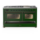 ILVE Majestic III 60-inch Dual Fuel Range with 7 Natural Gas Burner, Griddle and Triple Glass Door Electric Oven in Emerald Green with Burnished Trim (UM60FNR3EGB)