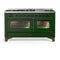 ILVE Majestic III 60-inch Dual Fuel Range with 7 Natural Gas Burner, Griddle and Triple Glass Door Electric Oven in Emerald Green with Burnished Trim (UM60FNR3EGB)