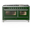 ILVE Majestic III 60-inch Dual Fuel Range with 5 Liquid Propane Burner, Griddle and Triple Glass Door Electric Oven in Emerald Green with Chrome Trim (UM60FNR3EGCLP)
