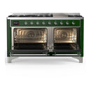 ILVE Majestic III 60-inch Dual Fuel Range with 7 Natural Gas Burner, Griddle and Triple Glass Door Electric Oven in Emerald Green with Chrome Trim (UM60FNR3EGC)