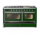 ILVE Majestic III 60-inch Dual Fuel Range with 7 Natural Gas Burner, Griddle and Triple Glass Door Electric Oven in Emerald Green with Chrome Trim (UM60FNR3EGC)