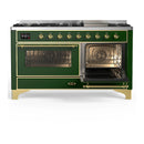 ILVE Majestic III 60-inch Dual Fuel Range with 7 Natural Gas Burner, Griddle and Triple Glass Door Electric Oven in Emerald Green with Brass Trim (UM60FNR3EGG)