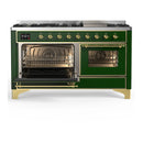 ILVE Majestic III 60-inch Dual Fuel Range with 7 Natural Gas Burner, Griddle and Triple Glass Door Electric Oven in Emerald Green with Brass Trim (UM60FNR3EGG)