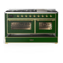ILVE Majestic III 60-inch Dual Fuel Range with 7 Natural Gas Burner, Griddle and Triple Glass Door Electric Oven in Emerald Green with Brass Trim (UM60FNR3EGG)