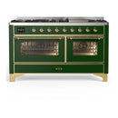 ILVE Majestic III 60-inch Dual Fuel Range with 7 Natural Gas Burner, Griddle and Triple Glass Door Electric Oven in Emerald Green with Brass Trim (UM60FNR3EGG)