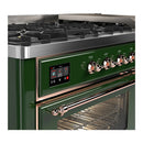 ILVE Majestic III 60-inch Dual Fuel Range with 5 Liquid Propane Burner, Griddle and Triple Glass Door Electric Oven in Emerald Green with Copper Trim (UM60FNR3EGPLP)