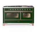 ILVE Majestic III 60-inch Dual Fuel Range with 5 Liquid Propane Burner, Griddle and Triple Glass Door Electric Oven in Emerald Green with Copper Trim (UM60FNR3EGPLP)