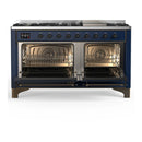 ILVE Majestic III 60-inch Dual Fuel Range with 5 Liquid Propane Burner, Griddle and Triple Glass Door Electric Oven in Midnight Blue with Burnished Trim (UM60FNR3MBBLP)