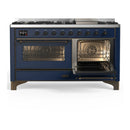 ILVE Majestic III 60-inch Dual Fuel Range with 5 Liquid Propane Burner, Griddle and Triple Glass Door Electric Oven in Midnight Blue with Burnished Trim (UM60FNR3MBBLP)