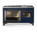 ILVE Majestic III 60-inch Dual Fuel Range with 5 Liquid Propane Burner, Griddle and Triple Glass Door Electric Oven in Midnight Blue with Burnished Trim (UM60FNR3MBBLP)