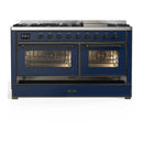 ILVE Majestic III 60-inch Dual Fuel Range with 5 Liquid Propane Burner, Griddle and Triple Glass Door Electric Oven in Midnight Blue with Burnished Trim (UM60FNR3MBBLP)