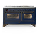 ILVE Majestic III 60-inch Dual Fuel Range with 5 Liquid Propane Burner, Griddle and Triple Glass Door Electric Oven in Midnight Blue with Burnished Trim (UM60FNR3MBBLP)