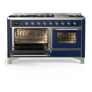 ILVE Majestic III 60-inch Dual Fuel Range with 5 Liquid Propane Burner, Griddle and Triple Glass Door Electric Oven in Midnight Blue with Chrome Trim (UM60FNR3MBCLP)