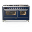 ILVE Majestic III 60-inch Dual Fuel Range with 5 Liquid Propane Burner, Griddle and Triple Glass Door Electric Oven in Midnight Blue with Chrome Trim (UM60FNR3MBCLP)