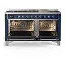 ILVE Majestic III 60-inch Dual Fuel Range with 7 Natural Gas Burner, Griddle and Triple Glass Door Electric Oven in Midnight Blue with Chrome Trim (UM60FNR3MBC)