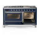 ILVE Majestic III 60-inch Dual Fuel Range with 7 Natural Gas Burner, Griddle and Triple Glass Door Electric Oven in Midnight Blue with Chrome Trim (UM60FNR3MBC)