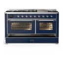 ILVE Majestic III 60-inch Dual Fuel Range with 7 Natural Gas Burner, Griddle and Triple Glass Door Electric Oven in Midnight Blue with Chrome Trim (UM60FNR3MBC)
