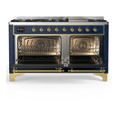 ILVE Majestic III 60-inch Dual Fuel Range with 5 Liquid Propane Burner, Griddle and Triple Glass Door Electric Oven in Blue Grey with Brass Trim (UM60FNR3MBGLP)