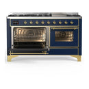 ILVE Majestic III 60-inch Dual Fuel Range with 5 Liquid Propane Burner, Griddle and Triple Glass Door Electric Oven in Blue Grey with Brass Trim (UM60FNR3MBGLP)