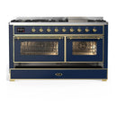 ILVE Majestic III 60-inch Dual Fuel Range with 5 Liquid Propane Burner, Griddle and Triple Glass Door Electric Oven in Blue Grey with Brass Trim (UM60FNR3MBGLP)