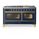 ILVE Majestic III 60-inch Dual Fuel Range with 7 Natural Gas Burner, Griddle and Triple Glass Door Electric Oven in Blue Grey with Brass Trim (UM60FNR3MBG)