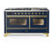 ILVE Majestic III 60-inch Dual Fuel Range with 7 Natural Gas Burner, Griddle and Triple Glass Door Electric Oven in Blue Grey with Brass Trim (UM60FNR3MBG)