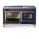 ILVE Majestic III 60-inch Dual Fuel Range with 5 Liquid Propane Burner, Griddle and Triple Glass Door Electric Oven in Midnight Blue with Copper Trim (UM60FNR3MBPLP)