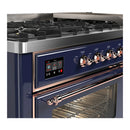ILVE Majestic III 60-inch Dual Fuel Range with 7 Natural Gas Burner, Griddle and Triple Glass Door Electric Oven in Midnight Blue with Copper Trim (UM60FNR3MBP)
