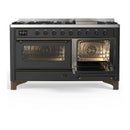 ILVE Majestic III 60-inch Dual Fuel Range with 5 Liquid Propane Burner, Griddle and Triple Glass Door Electric Oven in Graphite Matte with Burnished Trim (UM60FNR3MGBLP)