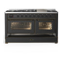 ILVE Majestic III 60-inch Dual Fuel Range with 5 Liquid Propane Burner, Griddle and Triple Glass Door Electric Oven in Graphite Matte with Burnished Trim (UM60FNR3MGBLP)