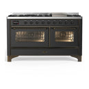 ILVE Majestic III 60-inch Dual Fuel Range with 5 Liquid Propane Burner, Griddle and Triple Glass Door Electric Oven in Graphite Matte with Burnished Trim (UM60FNR3MGBLP)