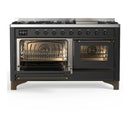 ILVE Majestic III 60-inch Dual Fuel Range with 7 Natural Gas Burner, Griddle and Triple Glass Door Electric Oven in Graphite Matte with Burnished Trim (UM60FNR3MGB)