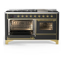 ILVE Majestic III 60-inch Dual Fuel Range with 7 Natural Gas Burner, Griddle and Triple Glass Door Electric Oven in Graphite Matte with Brass Trim (UM60FNR3MGG)