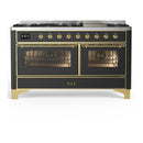 ILVE Majestic III 60-inch Dual Fuel Range with 7 Natural Gas Burner, Griddle and Triple Glass Door Electric Oven in Graphite Matte with Brass Trim (UM60FNR3MGG)