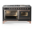 ILVE Majestic III 60-inch Dual Fuel Range with 5 Liquid Propane Burner, Griddle and Triple Glass Door Electric Oven in Graphite Matte with Copper Trim (UM60FNR3MGPLP)