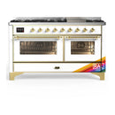 ILVE Majestic III 60-inch Dual Fuel Range with 7 Natural Gas Burner, Griddle and Triple Glass Door Electric Oven in RAL with Brass Trim (UM60FNR3RAG)