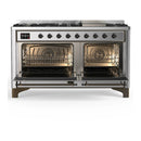ILVE Majestic III 60-inch Dual Fuel Range with 7 Natural Gas Burner, Griddle and Triple Glass Door Electric Oven in Stainless Steel with Burnished Trim (UM60FNR3SSB)