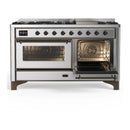 ILVE Majestic III 60-inch Dual Fuel Range with 7 Natural Gas Burner, Griddle and Triple Glass Door Electric Oven in Stainless Steel with Burnished Trim (UM60FNR3SSB)