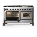 ILVE Majestic III 60-inch Dual Fuel Range with 7 Natural Gas Burner, Griddle and Triple Glass Door Electric Oven in Stainless Steel with Burnished Trim (UM60FNR3SSB)