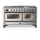 ILVE Majestic III 60-inch Dual Fuel Range with 7 Natural Gas Burner, Griddle and Triple Glass Door Electric Oven in Stainless Steel with Burnished Trim (UM60FNR3SSB)