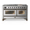 ILVE Majestic III 60-inch Dual Fuel Range with 7 Natural Gas Burner, Griddle and Triple Glass Door Electric Oven in Stainless Steel with Burnished Trim (UM60FNR3SSB)