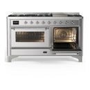 ILVE Majestic III 60-inch Dual Fuel Range with 7 Natural Gas Burner, Griddle and Triple Glass Door Electric Oven in Stainless Steel with Chrome Trim (UM60FNR3SSC)