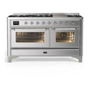 ILVE Majestic III 60-inch Dual Fuel Range with 7 Natural Gas Burner, Griddle and Triple Glass Door Electric Oven in Stainless Steel with Chrome Trim (UM60FNR3SSC)