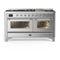 ILVE Majestic III 60-inch Dual Fuel Range with 7 Natural Gas Burner, Griddle and Triple Glass Door Electric Oven in Stainless Steel with Chrome Trim (UM60FNR3SSC)