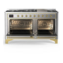ILVE Majestic III 60-inch Dual Fuel Range with 7 Natural Gas Burner, Griddle and Triple Glass Door Electric Oven in Stainless Steel with Brass Trim (UM60FNR3SSG)