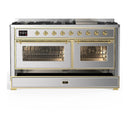 ILVE Majestic III 60-inch Dual Fuel Range with 7 Natural Gas Burner, Griddle and Triple Glass Door Electric Oven in Stainless Steel with Brass Trim (UM60FNR3SSG)